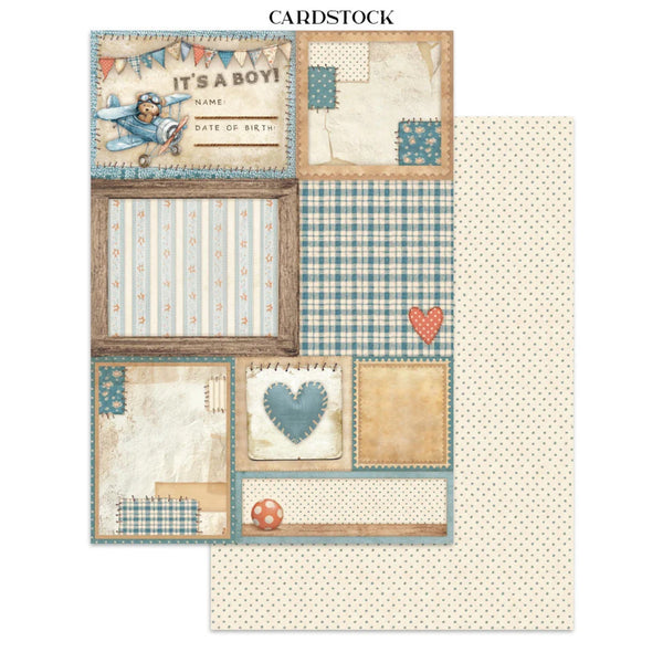 Cardstock paper with decorative elements and text for a baby boy announcement.