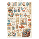 Collection of baby-themed cutouts featuring animals, toys, and text on a white background.