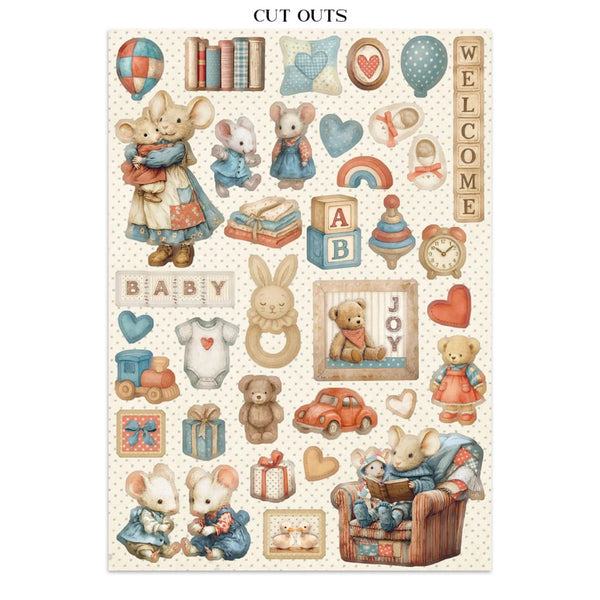 Collection of baby-themed cutouts featuring animals, toys, and text on a white background.