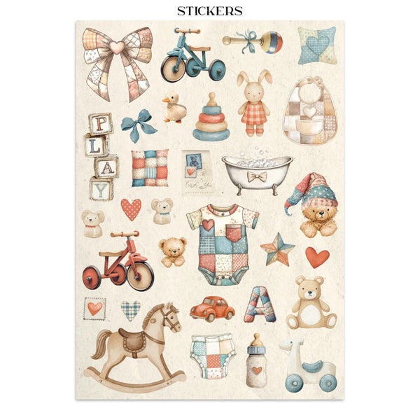 Collection of children's stickers on a white background with 'STICKERS' text at the top.