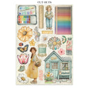 Collection of illustrated cutouts including a girl, flowers, a house, and stationery items on a white background.