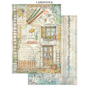 Decorative cardstock with a rustic house design featuring flowers and windows.