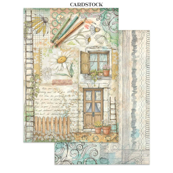 Decorative cardstock with a rustic house design featuring flowers and windows.