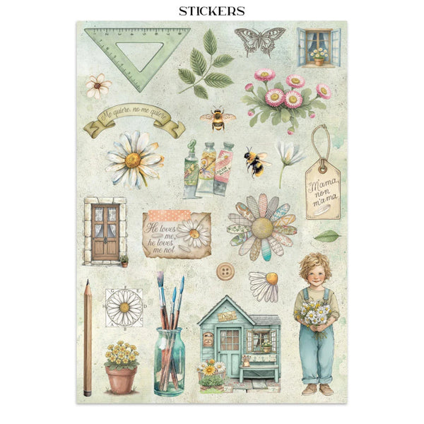 Collection of decorative stickers with nature-themed illustrations on a white background.