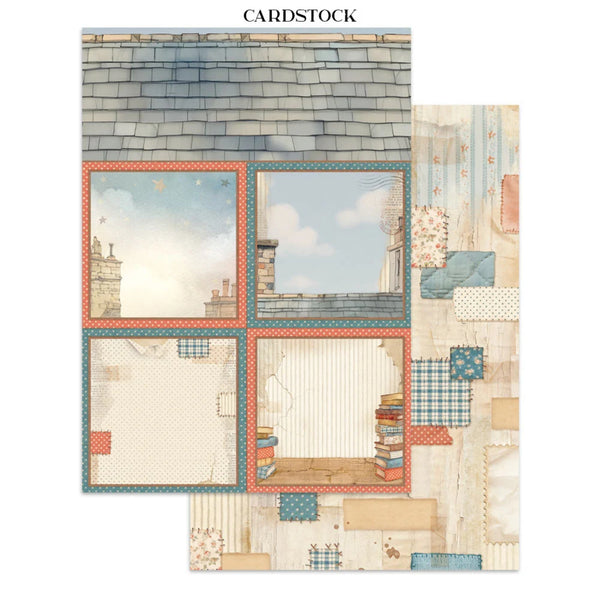 Cardstock with architectural and window-themed design on a white background