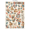 Collection of vintage-style illustrations including teddy bears, books, and toys on a white background.