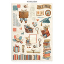 Collection of illustrated stickers featuring books, mice, and decorative elements on a white background.