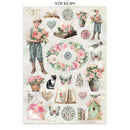 Sheet of vintage-style stickers featuring people, flowers, and decorative elements on a white background.