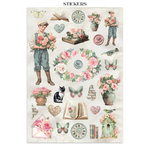 Sheet of vintage-style stickers featuring people, flowers, and decorative elements on a white background.