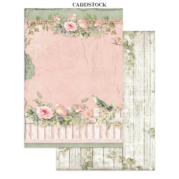 Cardstock with floral design and bird on a white background