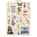 Collection of decorative stickers featuring a typewriter, flowers, butterflies, and other elements on a beige background.