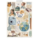Collection of vintage-style cutouts including a camera, people, and nature elements on a white background.