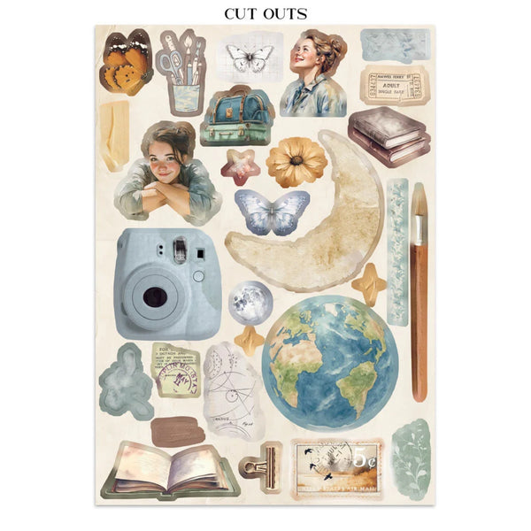 Collection of vintage-style cutouts including a camera, people, and nature elements on a white background.