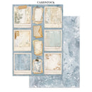 Collection of cardstock sheets with vintage-style designs on a white background