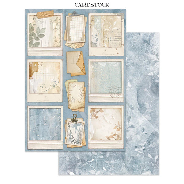 Collection of cardstock sheets with vintage-style designs on a white background
