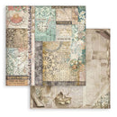 Collection of vintage-themed paper sheets with decorative patterns and text.