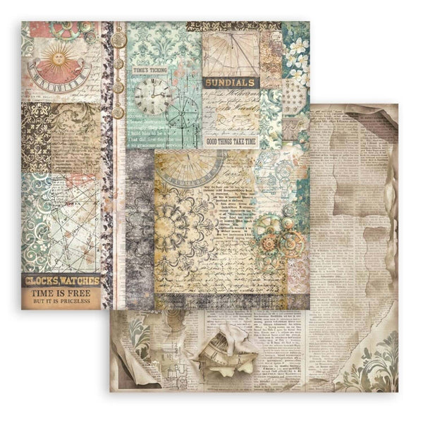 Collection of vintage-themed paper sheets with decorative patterns and text.
