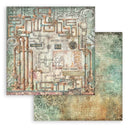 Steampunk-themed paper with intricate designs and text on a white background