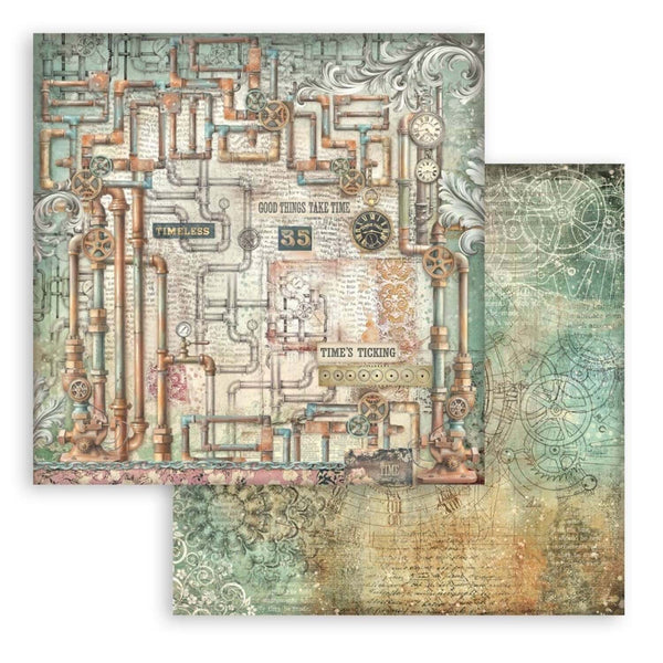 Steampunk-themed paper with intricate designs and text on a white background