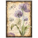 Decorative paper with purple flowers and a dragonfly on an aged paper background