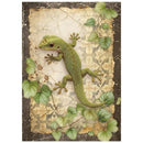 Green lizard on a textured background with leaves
