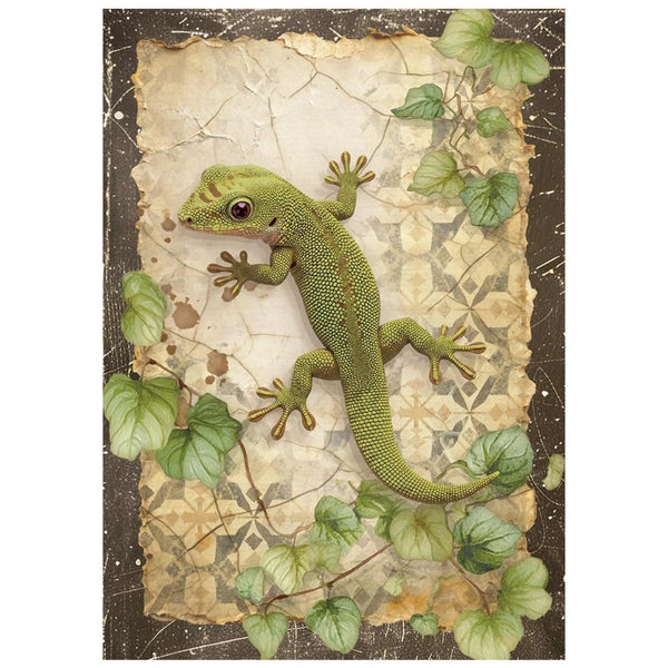 Green lizard on a textured background with leaves