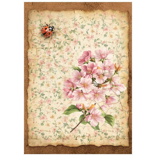 Vintage-style floral design with pink flowers and a ladybug on a textured background