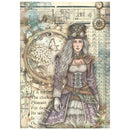 Steampunk-themed illustration of a woman with intricate details and text on a vintage-style background.