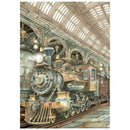 Vintage steam locomotive in a grand train station with high vaulted ceilings.