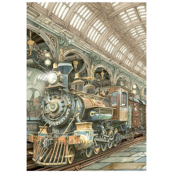 Vintage steam locomotive in a grand train station with high vaulted ceilings.