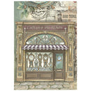 Decorative design of a vintage store front with ornate details and 'L'Atelier du Temps' sign.