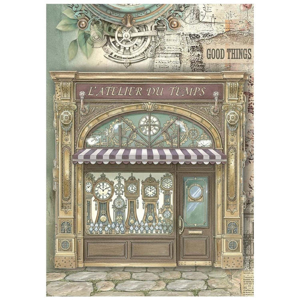 Decorative design of a vintage store front with ornate details and 'L'Atelier du Temps' sign.