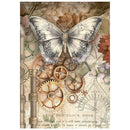 Steampunk-style butterfly with gears and mechanical elements on a textured background
