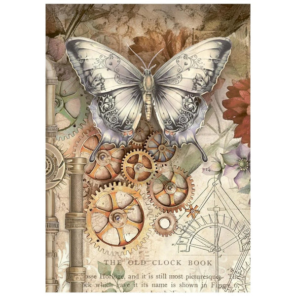 Steampunk-style butterfly with gears and mechanical elements on a textured background