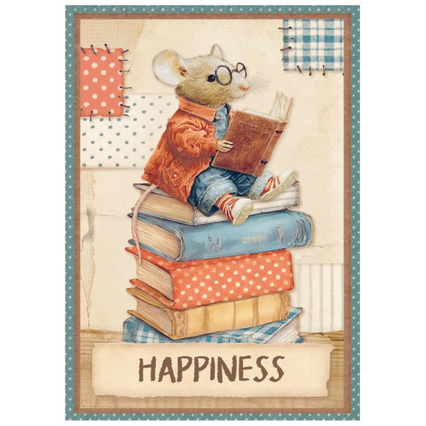 Illustration of a mouse reading a book on a stack of books with 'Happiness' text.