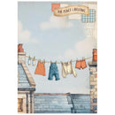 Children's book cover with clothes hanging on a line against a blue sky.