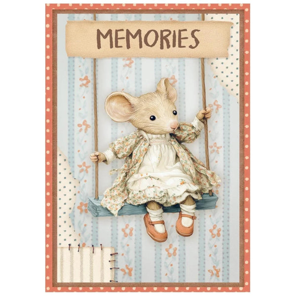 Illustration of a mouse in a dress on a swing with 'MEMORIES' sign, framed with decorative border.