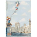 Illustration of a mouse flying a kite on rooftops with a cityscape background