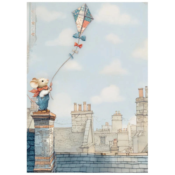 Illustration of a mouse flying a kite on rooftops with a cityscape background