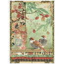 Decorative paper with birds, leaves, and vintage elements on a textured background