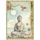 Buddha statue with a serene landscape featuring a moon and leaves.