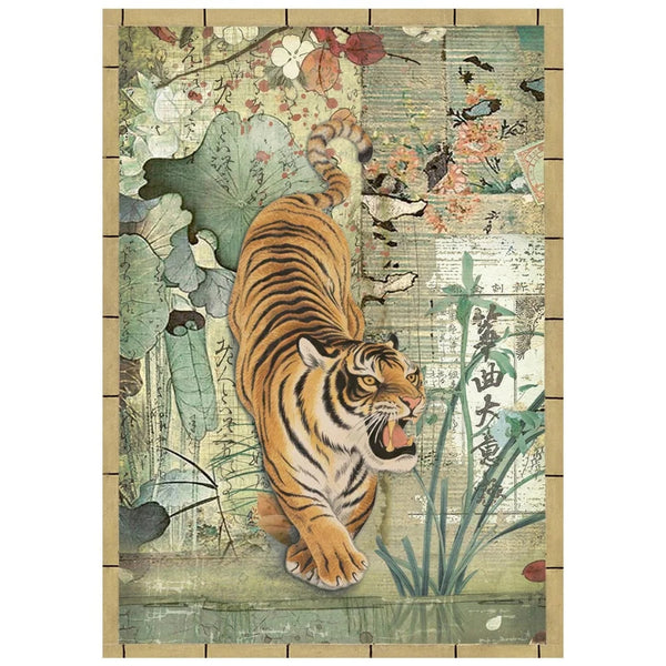 Decorative panel with a tiger in a natural setting, featuring flowers and leaves.
