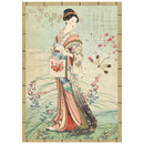 Traditional Japanese illustration of a woman in a kimono with cherry blossoms and butterflies.