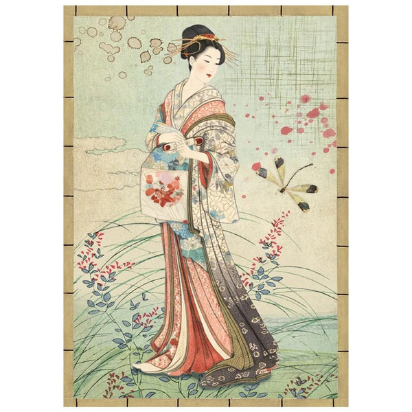 Traditional Japanese illustration of a woman in a kimono with cherry blossoms and butterflies.