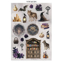 Collection of Halloween-themed stickers featuring a witch's hat, pumpkins, wolves, and a cabinet.