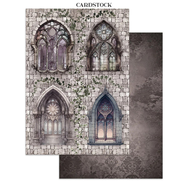 Cardstock with gothic window design on a stone wall
