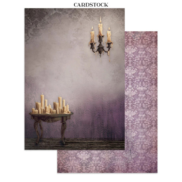Decorative cardstock with a chandelier and candles design on a textured background