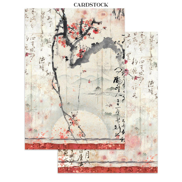 Cardstock with cherry blossom design and calligraphy on a white background