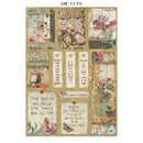 Collage of die-cut paper pieces with floral and text designs on a white background.