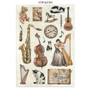 Collection of vintage-style illustrations including musical instruments, a clock, and people on a white background.